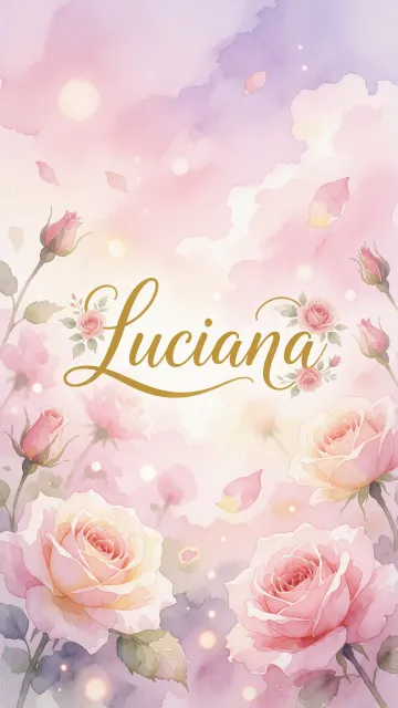 Luciana diseño 10 - Diseño estilo acuarela con un fondo etéreo y texturizado en nubes de tonos rosa pastel y lila suave. Presenta composiciones de rosas abiertas y capullos en los bordes inferior y superior, con pétalos cayendo delicadamente. Incorpora destellos de luz cálida (efecto bokeh) y, en el centro, resalta una tipografía elegante, cursiva y fluida en color dorado.