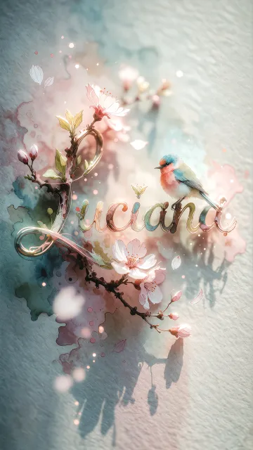 Luciana diseño 11 - Un delicado diseño de estilo acuarela digital que combina una tipografía de caligrafía personalizada para el nombre en tonos dorados y rosados suaves, adornada con pequeñas hojas y brotes. Un pajarito azul y naranja vibrante está posado en una de las letras. Todo está rodeado por un marco circular de ramas de cerezo en flor con delicadas flores rosadas y blancas. El fondo es un lavado de acuarela difuminado en tonos pastel suaves de azul cerceta, rosa rubor y melocotón sobre una textura de papel rugoso, con destellos luminosos y motas de luz bokeh flotando alrededor, creando una atmósfera mágica y soñadora. Las sombras suaves proyectadas añaden profundidad.