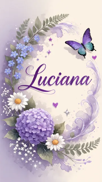 Luciana diseño 2 - Diseño elegante de hortensias en tonos lila y morados suaves, con volutas estilizadas y una mariposa mística que aporta un toque etéreo y mágico.