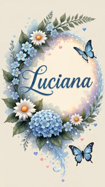 Luciana diseño 4 - Composición magica con nombre en letra cursiva azul, rodeado de hortensias azules, margaritas blancas y delicadas flores silvestres, enmarcado por suaves remolinos de agua, mariposas azules y destellos estelares sobre un fondo etéreo y romántico.