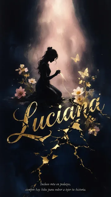 Luciana diseño 6 - Composición de ilustración semirrealista cinematográfica con silueta femenina tejiendo un hilo dorado de luz sobre un suelo oscuro fracturado al estilo Kintsugi, donde el nombre resalta en un prominente guión caligráfico dorado que emerge de las grietas, rodeado de flores blancas, mariposas y un fondo degradado de azules profundos iluminado por una luz celestial en tonos melocotón y crema, con una frase de aliento en tipografía blanca en la parte inferior.