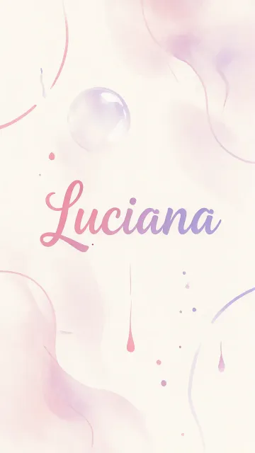 Luciana diseño 7 - Diseño abstracto en acuarela sobre fondo crema, con manchas fluidas y etéreas en rosa pastel y lila, líneas curvas que aportan movimiento, pequeñas gotas salpicadas cayendo verticalmente y una burbuja translúcida en la parte superior izquierda. El nombre resalta al centro con una tipografía cursiva amplia y elegante en degradado rosa a morado.