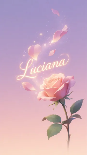 Luciana diseño 8 - Fondo de Pantalla con degradado suave que transiciona de lila en la parte superior a melocotón y rosa pastel en la base, destacando una rosa rosada hiperrealista con tallo y hojas verdes. El nombre brilla en tipografía cursiva con efecto neón cálido, adornado con pétalos cayendo y chispas de luz mágica.
