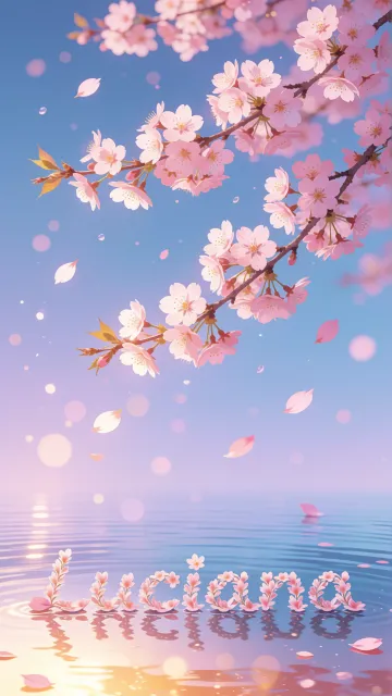 Luciana diseño 9 - Composición serena y onírica con ramas de cerezo en flor (sakura) en la parte superior contra un cielo en degradado de azul suave y lila. Pétalos de color rosa pastel flotan delicadamente en el aire cayendo hacia una superficie de agua tranquila y cristalina. En el centro inferior, el nombre está formado por pétalos de flores con un sutil efecto de relieve 3D y tipografía floral, reflejándose sobre el agua que está iluminada por un cálido destello dorado de luz solar en la esquina inferior derecha.