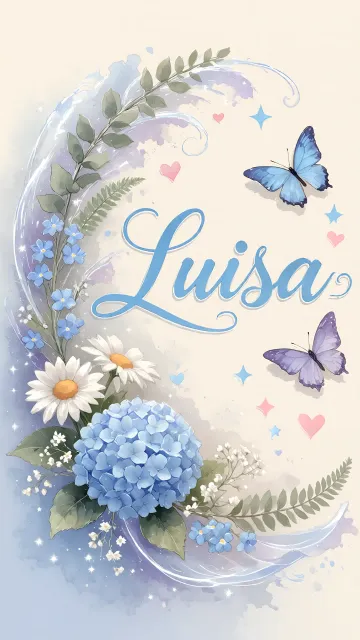 Luisa diseño 1 - Hortensias azules, flores pequeñas y acuarela suave con mariposas azules y brillo etéreo