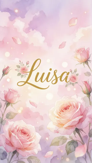 Luisa diseño 10 - Diseño estilo acuarela con un fondo etéreo y texturizado en nubes de tonos rosa pastel y lila suave. Presenta composiciones de rosas abiertas y capullos en los bordes inferior y superior, con pétalos cayendo delicadamente. Incorpora destellos de luz cálida (efecto bokeh) y, en el centro, resalta una tipografía elegante, cursiva y fluida en color dorado.