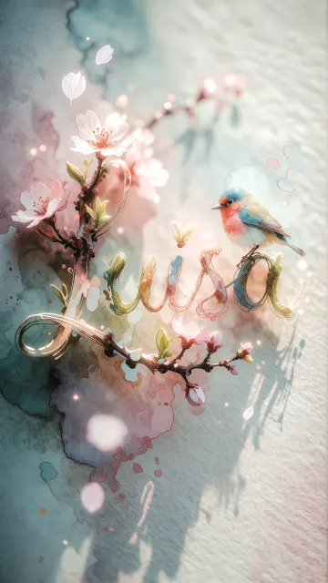 Luisa diseño 11 - Un delicado diseño de estilo acuarela digital que combina una tipografía de caligrafía personalizada para el nombre en tonos dorados y rosados suaves, adornada con pequeñas hojas y brotes. Un pajarito azul y naranja vibrante está posado en una de las letras. Todo está rodeado por un marco circular de ramas de cerezo en flor con delicadas flores rosadas y blancas. El fondo es un lavado de acuarela difuminado en tonos pastel suaves de azul cerceta, rosa rubor y melocotón sobre una textura de papel rugoso, con destellos luminosos y motas de luz bokeh flotando alrededor, creando una atmósfera mágica y soñadora. Las sombras suaves proyectadas añaden profundidad.