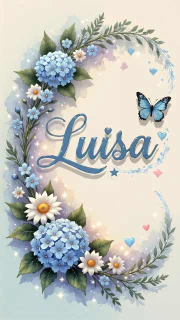 Luisa diseño 4 - Composición magica con nombre en letra cursiva azul, rodeado de hortensias azules, margaritas blancas y delicadas flores silvestres, enmarcado por suaves remolinos de agua, mariposas azules y destellos estelares sobre un fondo etéreo y romántico.