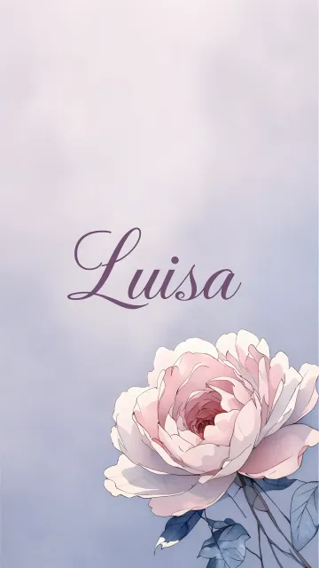 Luisa diseño 5 - Nombre en elegante tipografía cursiva caligráfica en tono lavanda, sobre fondo acuarela de cielo nublado en tonos pastel (azul, blanco, lavanda), decorado con rosa en acuarela de pétalos rosa pálido, blanco crema y lilas suaves con hojas en gris-verde.