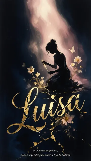 Luisa diseño 6 - Composición de ilustración semirrealista cinematográfica con silueta femenina tejiendo un hilo dorado de luz sobre un suelo oscuro fracturado al estilo Kintsugi, donde el nombre resalta en un prominente guión caligráfico dorado que emerge de las grietas, rodeado de flores blancas, mariposas y un fondo degradado de azules profundos iluminado por una luz celestial en tonos melocotón y crema, con una frase de aliento en tipografía blanca en la parte inferior.