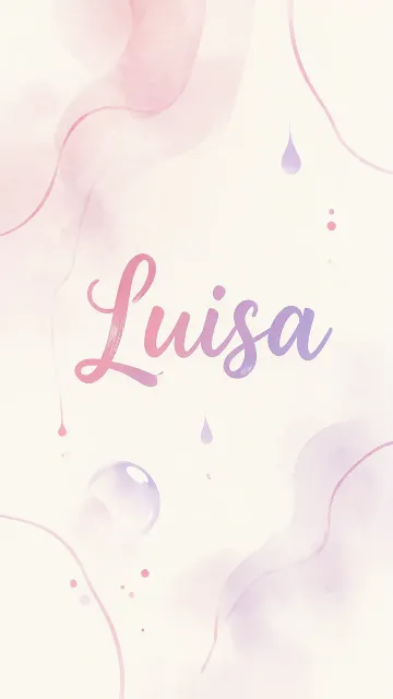 Luisa diseño 7 - Diseño abstracto en acuarela sobre fondo crema, con manchas fluidas y etéreas en rosa pastel y lila, líneas curvas que aportan movimiento, pequeñas gotas salpicadas cayendo verticalmente y una burbuja translúcida en la parte superior izquierda. El nombre resalta al centro con una tipografía cursiva amplia y elegante en degradado rosa a morado.