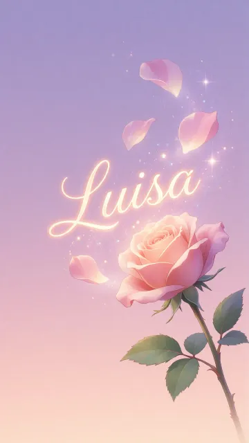 Luisa diseño 8 - Fondo de Pantalla con degradado suave que transiciona de lila en la parte superior a melocotón y rosa pastel en la base, destacando una rosa rosada hiperrealista con tallo y hojas verdes. El nombre brilla en tipografía cursiva con efecto neón cálido, adornado con pétalos cayendo y chispas de luz mágica.