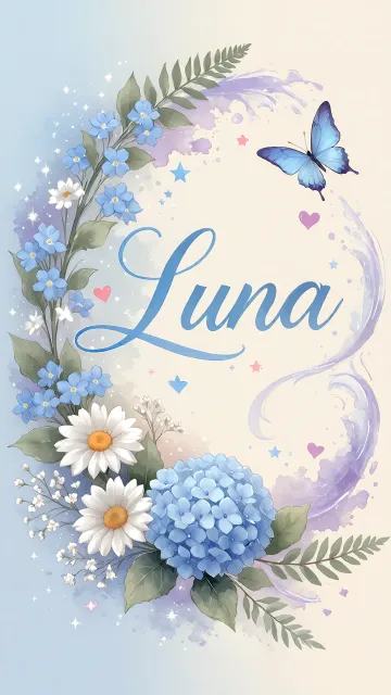 Luna diseño 1 - Hortensias azules, flores pequeñas y acuarela suave con mariposas azules y brillo etéreo
