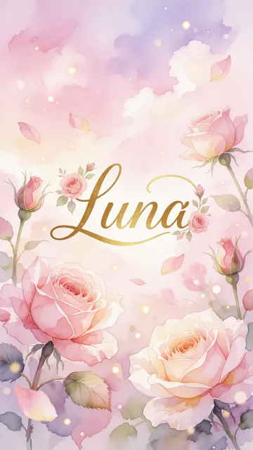 Luna diseño 10 - Diseño estilo acuarela con un fondo etéreo y texturizado en nubes de tonos rosa pastel y lila suave. Presenta composiciones de rosas abiertas y capullos en los bordes inferior y superior, con pétalos cayendo delicadamente. Incorpora destellos de luz cálida (efecto bokeh) y, en el centro, resalta una tipografía elegante, cursiva y fluida en color dorado.