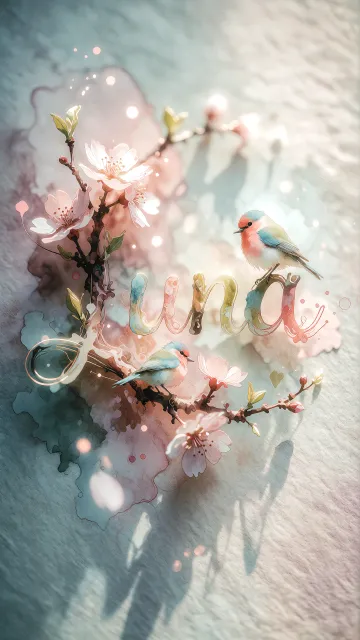 Luna diseño 11 - Un delicado diseño de estilo acuarela digital que combina una tipografía de caligrafía personalizada para el nombre en tonos dorados y rosados suaves, adornada con pequeñas hojas y brotes. Un pajarito azul y naranja vibrante está posado en una de las letras. Todo está rodeado por un marco circular de ramas de cerezo en flor con delicadas flores rosadas y blancas. El fondo es un lavado de acuarela difuminado en tonos pastel suaves de azul cerceta, rosa rubor y melocotón sobre una textura de papel rugoso, con destellos luminosos y motas de luz bokeh flotando alrededor, creando una atmósfera mágica y soñadora. Las sombras suaves proyectadas añaden profundidad.