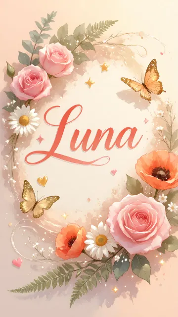Luna diseño 3 - Elegante composición de rosas rosadas y amapolas naranjas con mariposas doradas brillantes sobre un fondo cálido, romántico y mágico.