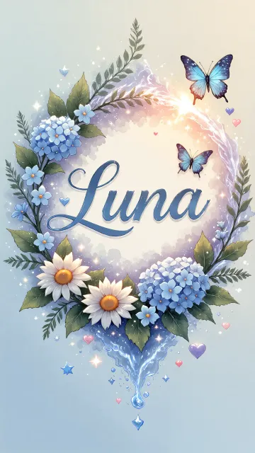 Luna diseño 4 - Composición magica con nombre en letra cursiva azul, rodeado de hortensias azules, margaritas blancas y delicadas flores silvestres, enmarcado por suaves remolinos de agua, mariposas azules y destellos estelares sobre un fondo etéreo y romántico.