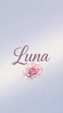 Luna - Nombre en elegante tipografía cursiva caligráfica en tono lavanda, sobre fondo acuarela de cielo nublado en tonos pastel (azul, blanco, lavanda), decorado con rosa en acuarela de pétalos rosa pálido, blanco crema y lilas suaves con hojas en gris-verde.