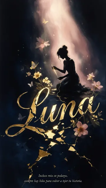 Luna diseño 6 - Composición de ilustración semirrealista cinematográfica con silueta femenina tejiendo un hilo dorado de luz sobre un suelo oscuro fracturado al estilo Kintsugi, donde el nombre resalta en un prominente guión caligráfico dorado que emerge de las grietas, rodeado de flores blancas, mariposas y un fondo degradado de azules profundos iluminado por una luz celestial en tonos melocotón y crema, con una frase de aliento en tipografía blanca en la parte inferior.