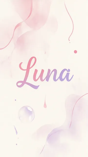 Luna diseño 7 - Diseño abstracto en acuarela sobre fondo crema, con manchas fluidas y etéreas en rosa pastel y lila, líneas curvas que aportan movimiento, pequeñas gotas salpicadas cayendo verticalmente y una burbuja translúcida en la parte superior izquierda. El nombre resalta al centro con una tipografía cursiva amplia y elegante en degradado rosa a morado.