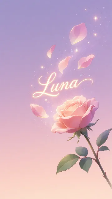 Luna diseño 8 - Fondo de Pantalla con degradado suave que transiciona de lila en la parte superior a melocotón y rosa pastel en la base, destacando una rosa rosada hiperrealista con tallo y hojas verdes. El nombre brilla en tipografía cursiva con efecto neón cálido, adornado con pétalos cayendo y chispas de luz mágica.