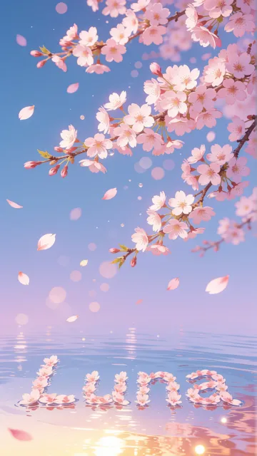 Luna diseño 9 - Composición serena y onírica con ramas de cerezo en flor (sakura) en la parte superior contra un cielo en degradado de azul suave y lila. Pétalos de color rosa pastel flotan delicadamente en el aire cayendo hacia una superficie de agua tranquila y cristalina. En el centro inferior, el nombre está formado por pétalos de flores con un sutil efecto de relieve 3D y tipografía floral, reflejándose sobre el agua que está iluminada por un cálido destello dorado de luz solar en la esquina inferior derecha.