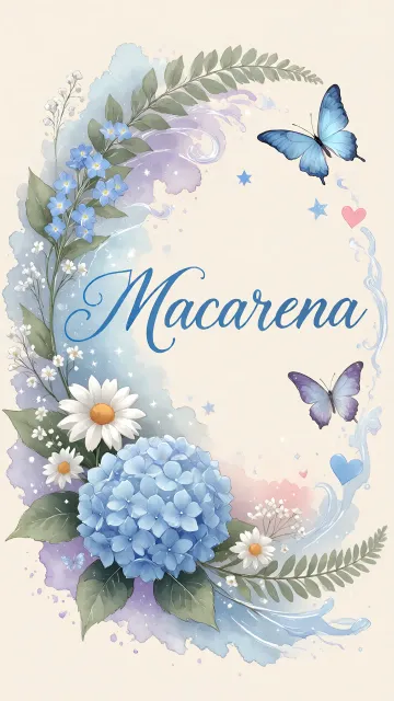 Macarena diseño 1 - Hortensias azules, flores pequeñas y acuarela suave con mariposas azules y brillo etéreo