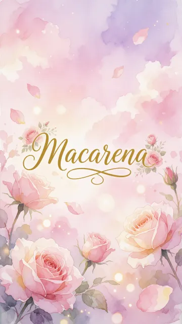 Macarena diseño 10 - Diseño estilo acuarela con un fondo etéreo y texturizado en nubes de tonos rosa pastel y lila suave. Presenta composiciones de rosas abiertas y capullos en los bordes inferior y superior, con pétalos cayendo delicadamente. Incorpora destellos de luz cálida (efecto bokeh) y, en el centro, resalta una tipografía elegante, cursiva y fluida en color dorado.