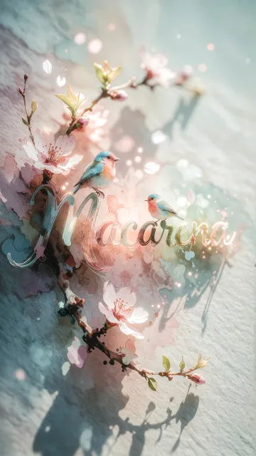 Macarena diseño 11 - Un delicado diseño de estilo acuarela digital que combina una tipografía de caligrafía personalizada para el nombre en tonos dorados y rosados suaves, adornada con pequeñas hojas y brotes. Un pajarito azul y naranja vibrante está posado en una de las letras. Todo está rodeado por un marco circular de ramas de cerezo en flor con delicadas flores rosadas y blancas. El fondo es un lavado de acuarela difuminado en tonos pastel suaves de azul cerceta, rosa rubor y melocotón sobre una textura de papel rugoso, con destellos luminosos y motas de luz bokeh flotando alrededor, creando una atmósfera mágica y soñadora. Las sombras suaves proyectadas añaden profundidad.