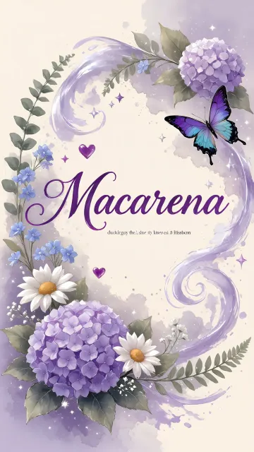 Macarena diseño 2 - Diseño elegante de hortensias en tonos lila y morados suaves, con volutas estilizadas y una mariposa mística que aporta un toque etéreo y mágico.
