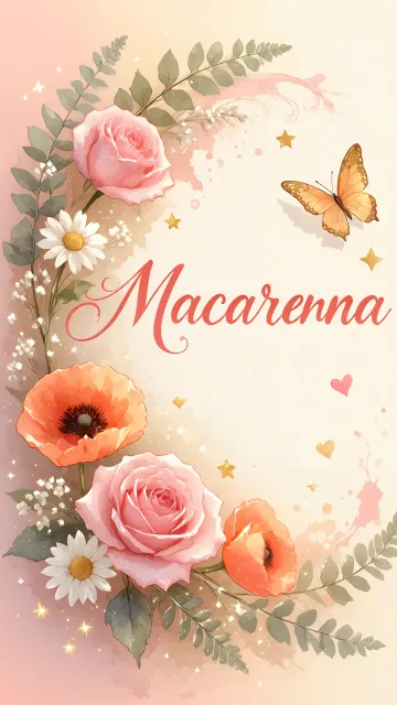 Macarena diseño 3 - Elegante composición de rosas rosadas y amapolas naranjas con mariposas doradas brillantes sobre un fondo cálido, romántico y mágico.