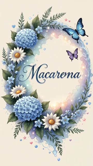 Macarena diseño 4 - Composición magica con nombre en letra cursiva azul, rodeado de hortensias azules, margaritas blancas y delicadas flores silvestres, enmarcado por suaves remolinos de agua, mariposas azules y destellos estelares sobre un fondo etéreo y romántico.