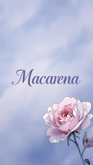 Macarena diseño 5 - Nombre en elegante tipografía cursiva caligráfica en tono lavanda, sobre fondo acuarela de cielo nublado en tonos pastel (azul, blanco, lavanda), decorado con rosa en acuarela de pétalos rosa pálido, blanco crema y lilas suaves con hojas en gris-verde.