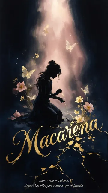 Macarena diseño 6 - Composición de ilustración semirrealista cinematográfica con silueta femenina tejiendo un hilo dorado de luz sobre un suelo oscuro fracturado al estilo Kintsugi, donde el nombre resalta en un prominente guión caligráfico dorado que emerge de las grietas, rodeado de flores blancas, mariposas y un fondo degradado de azules profundos iluminado por una luz celestial en tonos melocotón y crema, con una frase de aliento en tipografía blanca en la parte inferior.