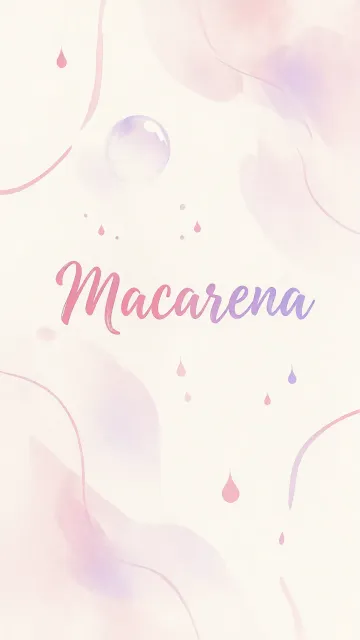 Macarena diseño 7 - Diseño abstracto en acuarela sobre fondo crema, con manchas fluidas y etéreas en rosa pastel y lila, líneas curvas que aportan movimiento, pequeñas gotas salpicadas cayendo verticalmente y una burbuja translúcida en la parte superior izquierda. El nombre resalta al centro con una tipografía cursiva amplia y elegante en degradado rosa a morado.