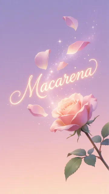 Macarena diseño 8 - Fondo de Pantalla con degradado suave que transiciona de lila en la parte superior a melocotón y rosa pastel en la base, destacando una rosa rosada hiperrealista con tallo y hojas verdes. El nombre brilla en tipografía cursiva con efecto neón cálido, adornado con pétalos cayendo y chispas de luz mágica.