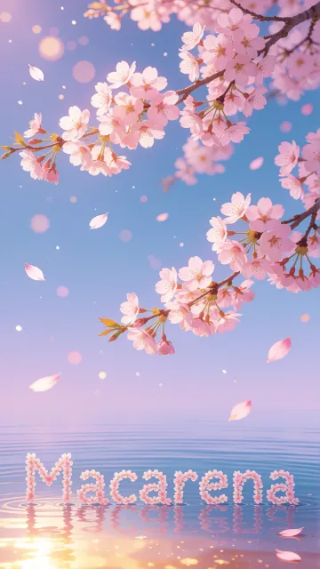 Macarena diseño 9 - Composición serena y onírica con ramas de cerezo en flor (sakura) en la parte superior contra un cielo en degradado de azul suave y lila. Pétalos de color rosa pastel flotan delicadamente en el aire cayendo hacia una superficie de agua tranquila y cristalina. En el centro inferior, el nombre está formado por pétalos de flores con un sutil efecto de relieve 3D y tipografía floral, reflejándose sobre el agua que está iluminada por un cálido destello dorado de luz solar en la esquina inferior derecha.