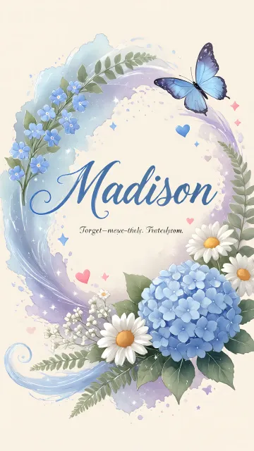 Madison diseño 1 - Hortensias azules, flores pequeñas y acuarela suave con mariposas azules y brillo etéreo