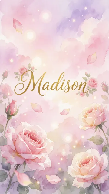 Madison diseño 10 - Diseño estilo acuarela con un fondo etéreo y texturizado en nubes de tonos rosa pastel y lila suave. Presenta composiciones de rosas abiertas y capullos en los bordes inferior y superior, con pétalos cayendo delicadamente. Incorpora destellos de luz cálida (efecto bokeh) y, en el centro, resalta una tipografía elegante, cursiva y fluida en color dorado.
