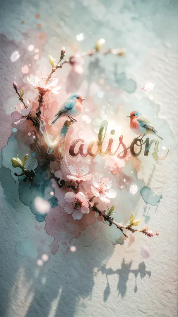 Madison diseño 11 - Un delicado diseño de estilo acuarela digital que combina una tipografía de caligrafía personalizada para el nombre en tonos dorados y rosados suaves, adornada con pequeñas hojas y brotes. Un pajarito azul y naranja vibrante está posado en una de las letras. Todo está rodeado por un marco circular de ramas de cerezo en flor con delicadas flores rosadas y blancas. El fondo es un lavado de acuarela difuminado en tonos pastel suaves de azul cerceta, rosa rubor y melocotón sobre una textura de papel rugoso, con destellos luminosos y motas de luz bokeh flotando alrededor, creando una atmósfera mágica y soñadora. Las sombras suaves proyectadas añaden profundidad.