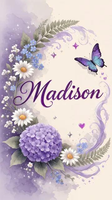 Madison diseño 2 - Diseño elegante de hortensias en tonos lila y morados suaves, con volutas estilizadas y una mariposa mística que aporta un toque etéreo y mágico.