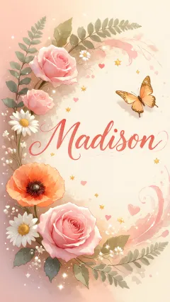 Madison - Elegante composición de rosas rosadas y amapolas naranjas con mariposas doradas brillantes sobre un fondo cálido, romántico y mágico.