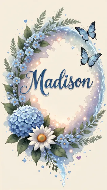 Madison diseño 4 - Composición magica con nombre en letra cursiva azul, rodeado de hortensias azules, margaritas blancas y delicadas flores silvestres, enmarcado por suaves remolinos de agua, mariposas azules y destellos estelares sobre un fondo etéreo y romántico.