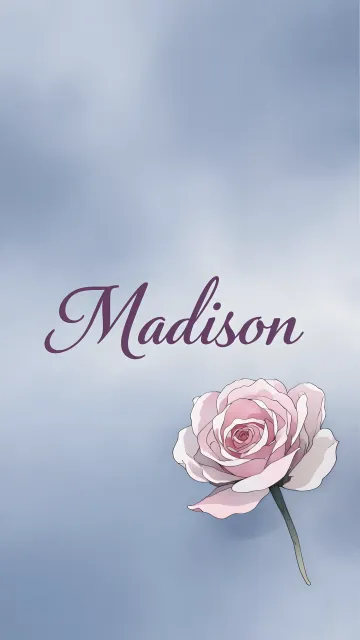 Madison diseño 5 - Nombre en elegante tipografía cursiva caligráfica en tono lavanda, sobre fondo acuarela de cielo nublado en tonos pastel (azul, blanco, lavanda), decorado con rosa en acuarela de pétalos rosa pálido, blanco crema y lilas suaves con hojas en gris-verde.