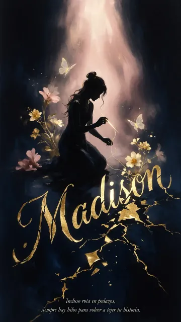 Madison diseño 6 - Composición de ilustración semirrealista cinematográfica con silueta femenina tejiendo un hilo dorado de luz sobre un suelo oscuro fracturado al estilo Kintsugi, donde el nombre resalta en un prominente guión caligráfico dorado que emerge de las grietas, rodeado de flores blancas, mariposas y un fondo degradado de azules profundos iluminado por una luz celestial en tonos melocotón y crema, con una frase de aliento en tipografía blanca en la parte inferior.