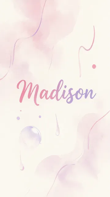 Madison diseño 7 - Diseño abstracto en acuarela sobre fondo crema, con manchas fluidas y etéreas en rosa pastel y lila, líneas curvas que aportan movimiento, pequeñas gotas salpicadas cayendo verticalmente y una burbuja translúcida en la parte superior izquierda. El nombre resalta al centro con una tipografía cursiva amplia y elegante en degradado rosa a morado.