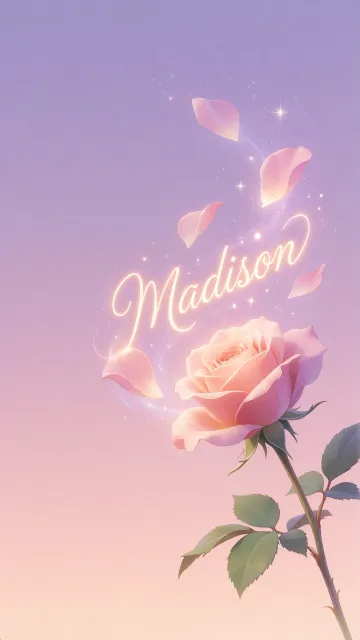 Madison diseño 8 - Fondo de Pantalla con degradado suave que transiciona de lila en la parte superior a melocotón y rosa pastel en la base, destacando una rosa rosada hiperrealista con tallo y hojas verdes. El nombre brilla en tipografía cursiva con efecto neón cálido, adornado con pétalos cayendo y chispas de luz mágica.