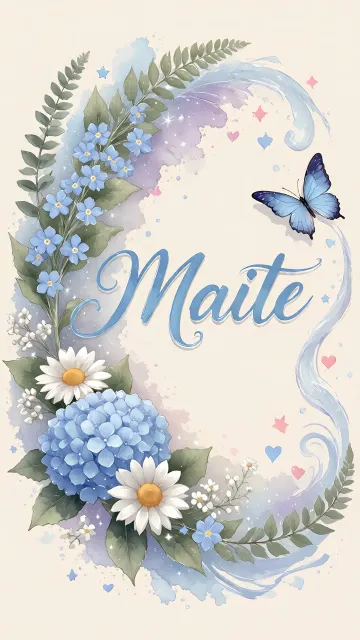 Maite diseño 1 - Hortensias azules, flores pequeñas y acuarela suave con mariposas azules y brillo etéreo