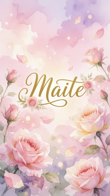 Maite diseño 10 - Diseño estilo acuarela con un fondo etéreo y texturizado en nubes de tonos rosa pastel y lila suave. Presenta composiciones de rosas abiertas y capullos en los bordes inferior y superior, con pétalos cayendo delicadamente. Incorpora destellos de luz cálida (efecto bokeh) y, en el centro, resalta una tipografía elegante, cursiva y fluida en color dorado.