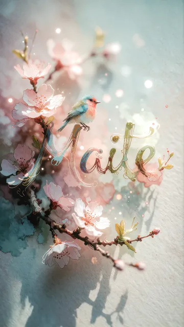 Maite diseño 11 - Un delicado diseño de estilo acuarela digital que combina una tipografía de caligrafía personalizada para el nombre en tonos dorados y rosados suaves, adornada con pequeñas hojas y brotes. Un pajarito azul y naranja vibrante está posado en una de las letras. Todo está rodeado por un marco circular de ramas de cerezo en flor con delicadas flores rosadas y blancas. El fondo es un lavado de acuarela difuminado en tonos pastel suaves de azul cerceta, rosa rubor y melocotón sobre una textura de papel rugoso, con destellos luminosos y motas de luz bokeh flotando alrededor, creando una atmósfera mágica y soñadora. Las sombras suaves proyectadas añaden profundidad.